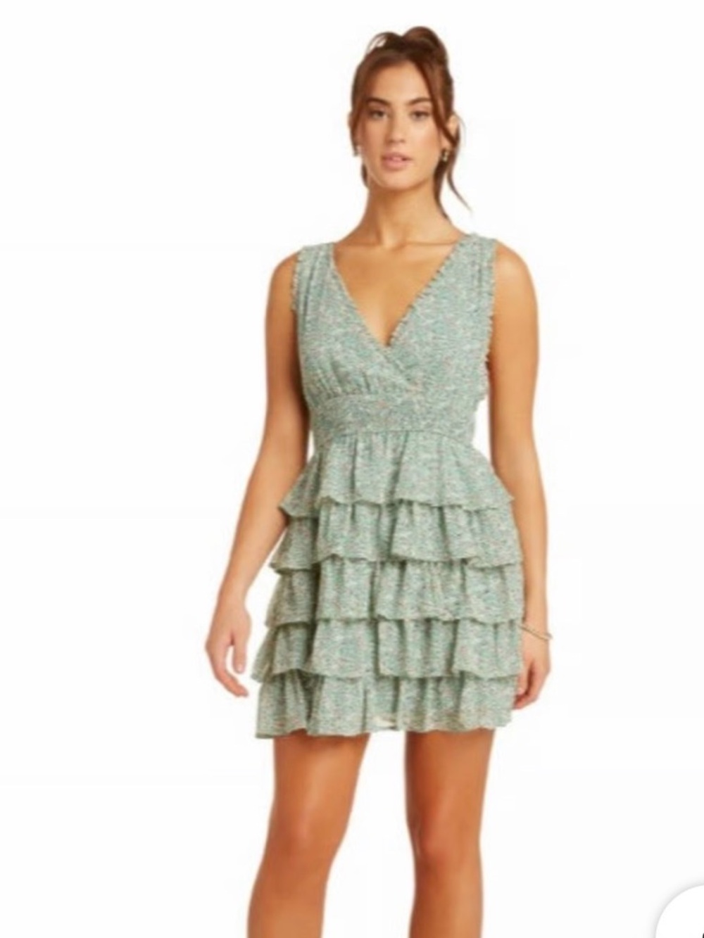 STORIA Floral Tiered Ruffle V-Neck Mini Dress in Mint bohemian romantic